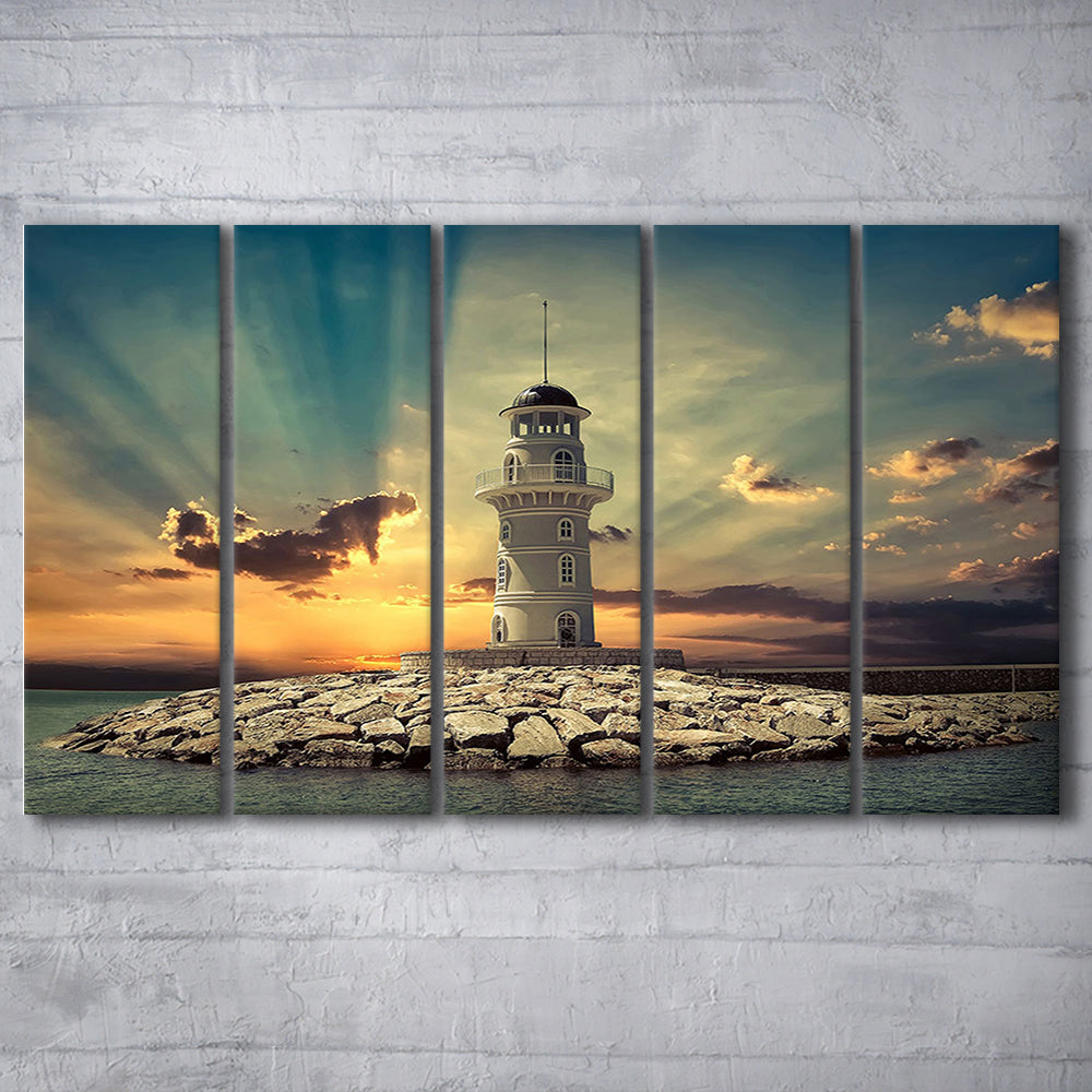 Deluxe Coastal Escape Framed Canvas, Serene Lighthouse Wall Art, 5 Piece B Extra Large Cavas Print Wall Art Decor