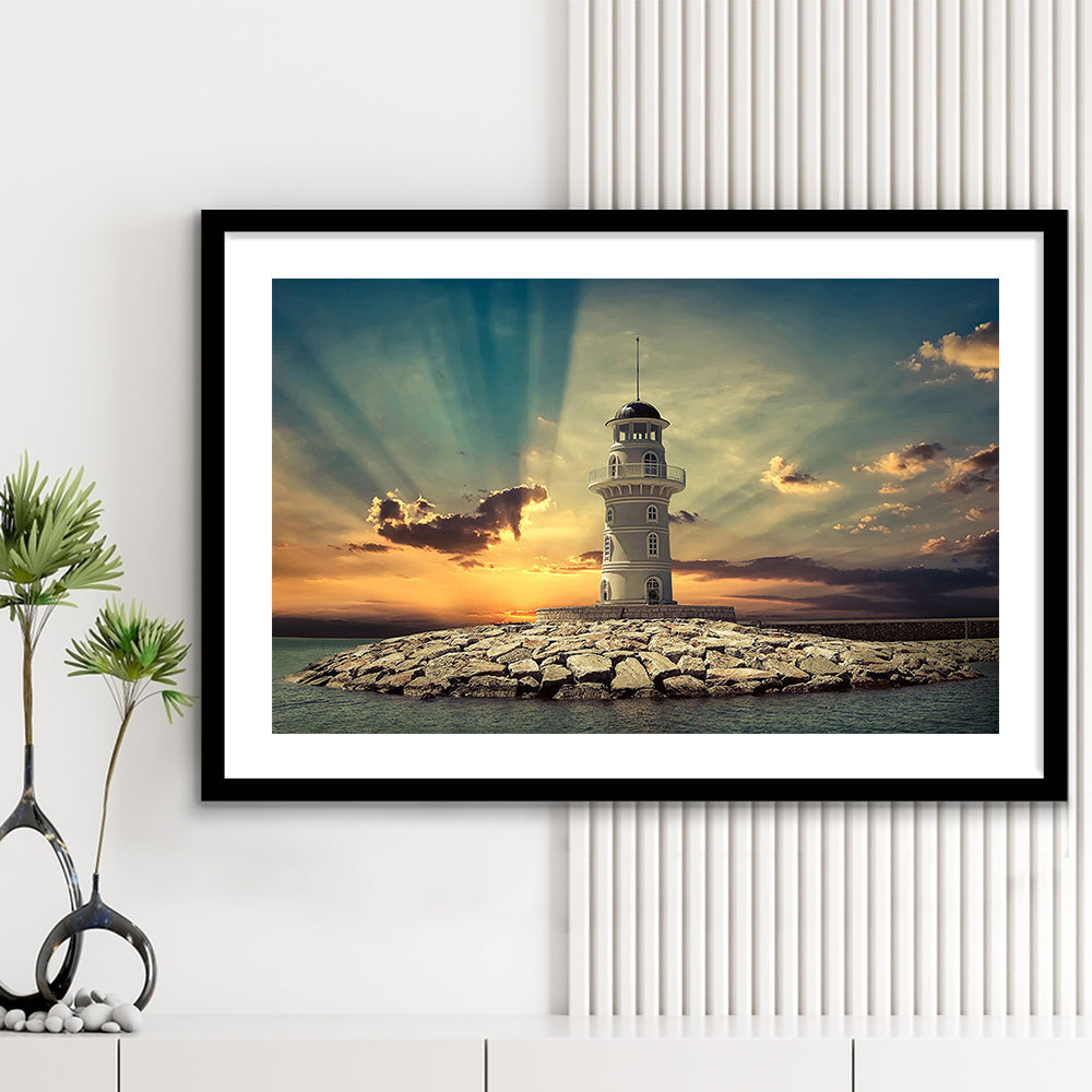 Deluxe Coastal Escape Framed, Serene Lighthouse Wall Art For Those Who Seek Tranquility, Framed Art Print White Border