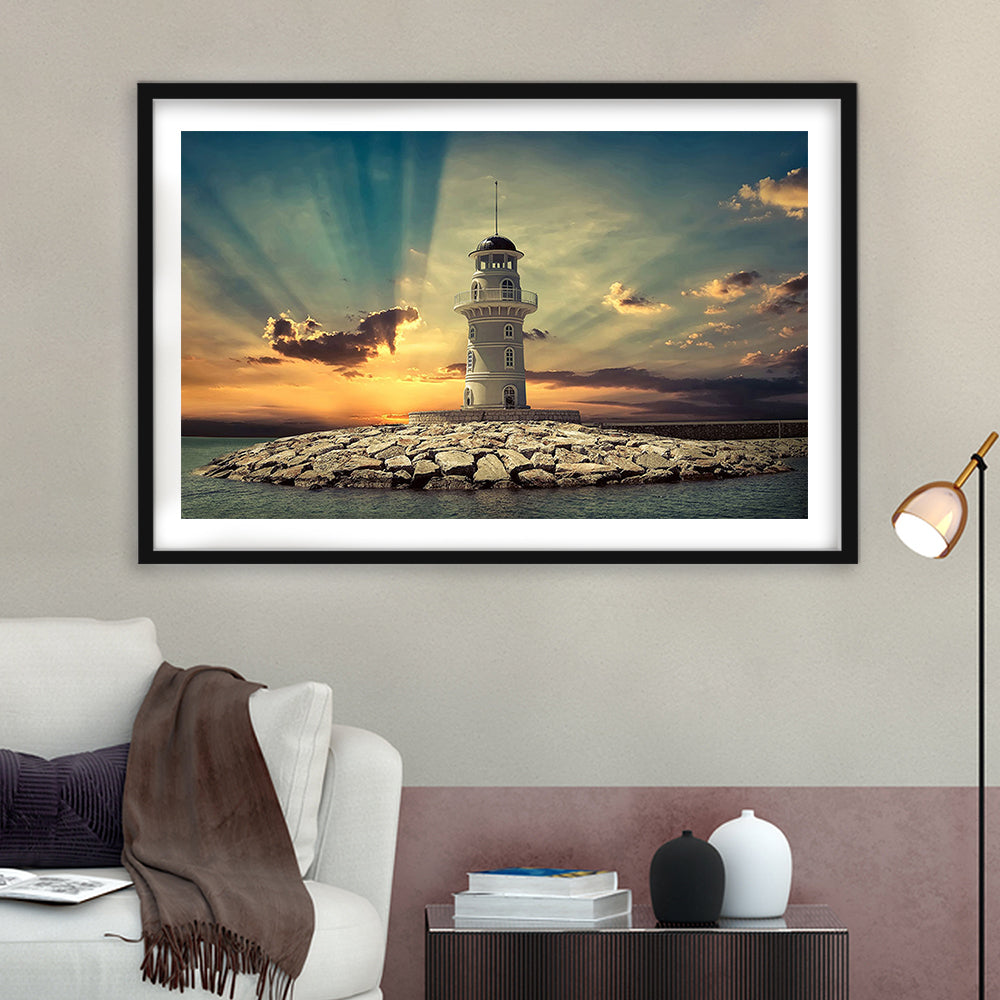 Deluxe Coastal Escape Framed, Serene Lighthouse Wall Art For Those Who Seek Tranquility, Framed Art Print White Border