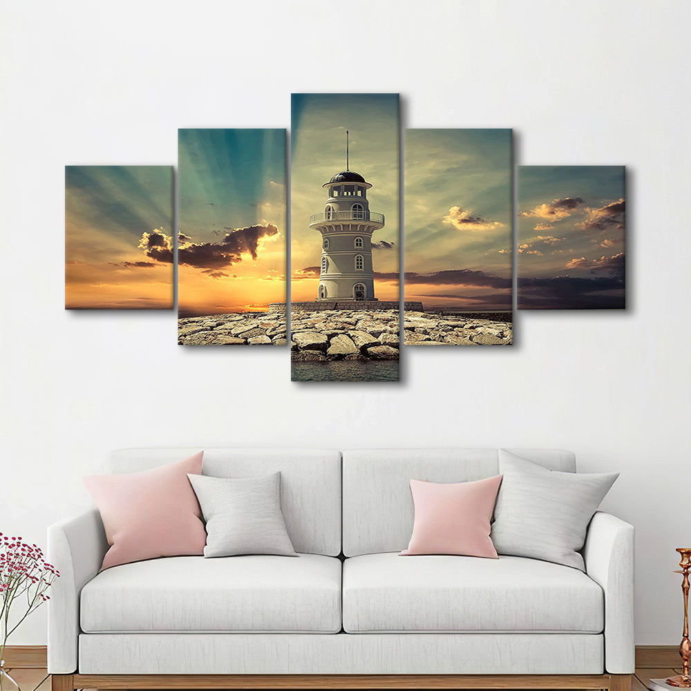 Deluxe Coastal Escape Framed Canvas, Serene Lighthouse for Those Who Seek Tranquility, 5 Piece Large Cavas Print Wall Art