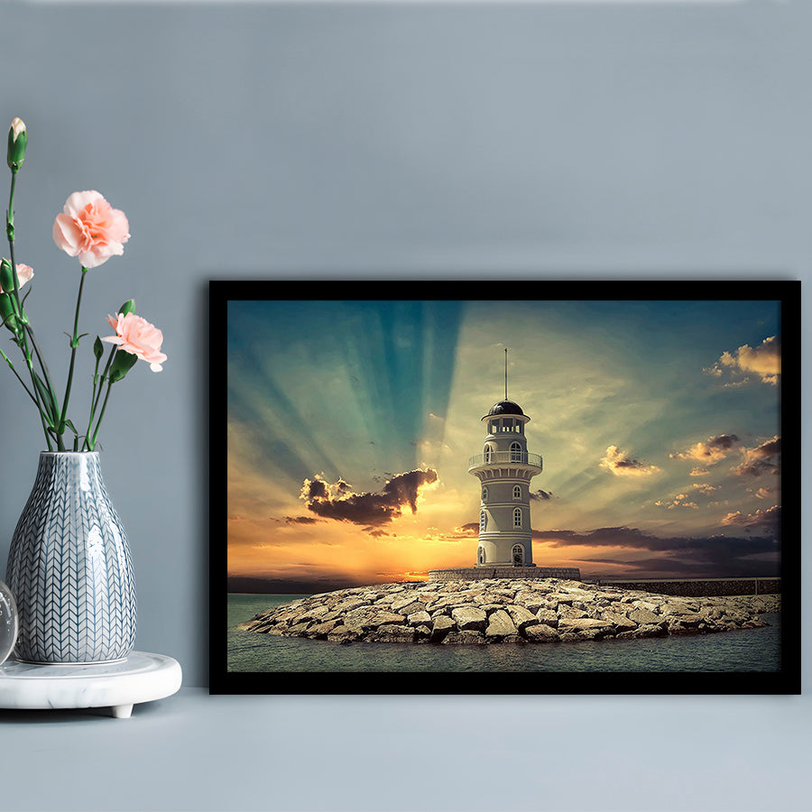 Deluxe Coastal Escape Framed Print, Serene Lighthouse For Those Who Seek Tranquility, Framed Art Print, Picture Framed