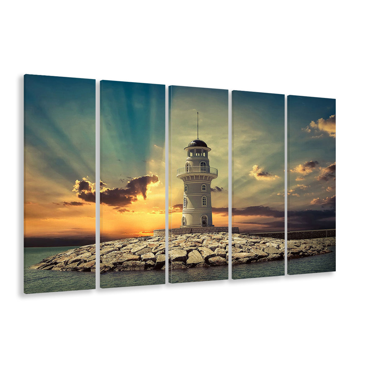 Deluxe Coastal Escape Framed Canvas, Serene Lighthouse Wall Art, 5 Piece B Extra Large Cavas Print Wall Art Decor
