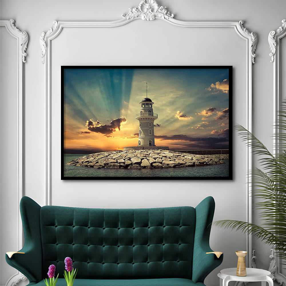 Deluxe Coastal Escape Framed Print, Serene Lighthouse For Those Who Seek Tranquility, Framed Art Print, Picture Framed