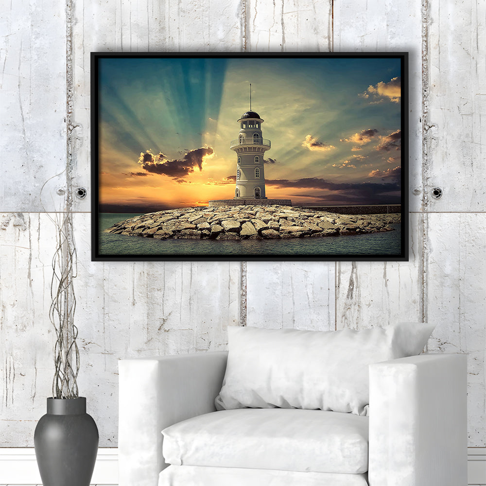 Deluxe Coastal Escape Framed Canvas, Serene Lighthouse Wall Art, Framed Cavas Print, Floating Frame