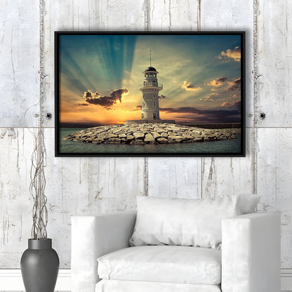Deluxe Coastal Escape Framed Canvas, Serene Lighthouse Wall Art, Framed Cavas Print, Floating Frame