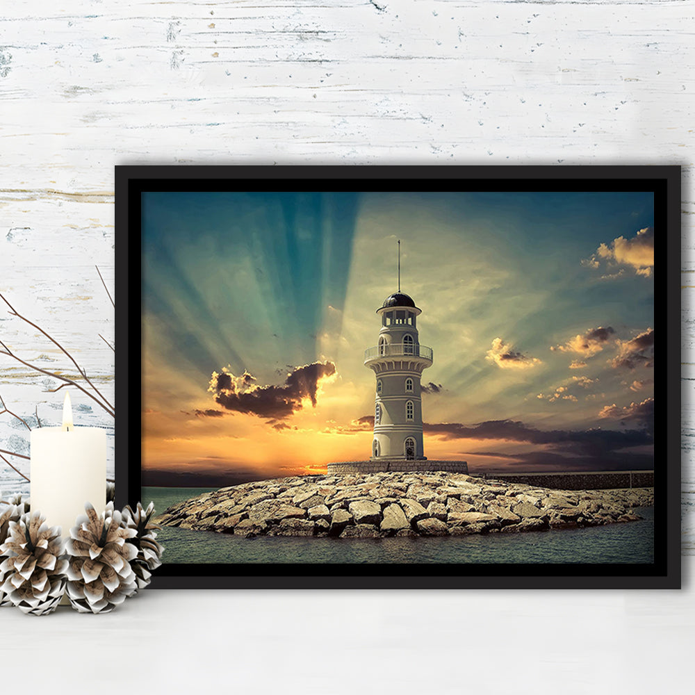 Deluxe Coastal Escape Framed Canvas, Serene Lighthouse Wall Art, Framed Cavas Print, Floating Frame