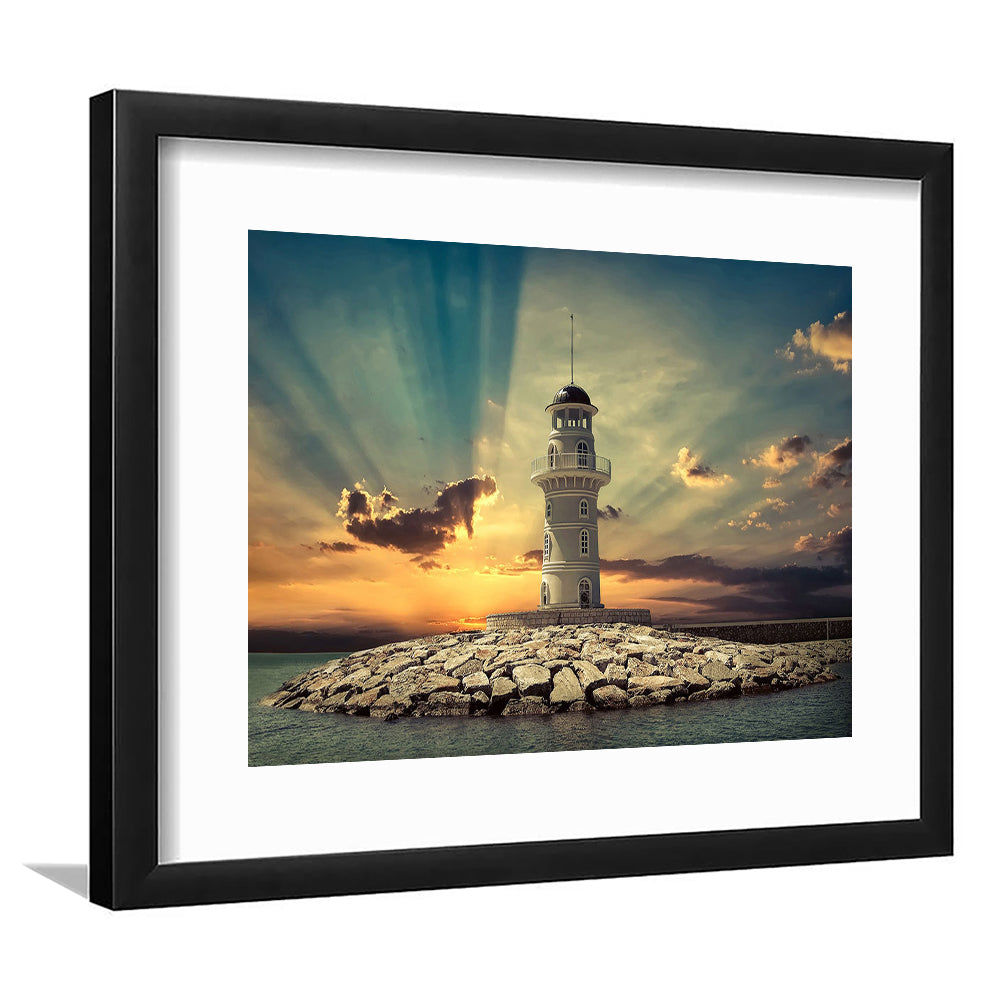 Deluxe Coastal Escape Framed, Serene Lighthouse Wall Art For Those Who Seek Tranquility, Framed Art Print White Border