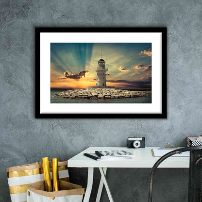 Deluxe Coastal Escape Framed, Serene Lighthouse Wall Art For Those Who Seek Tranquility, Framed Art Print White Border