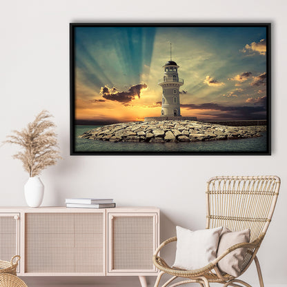 Deluxe Coastal Escape Framed Canvas, Serene Lighthouse Wall Art, Framed Cavas Print, Floating Frame