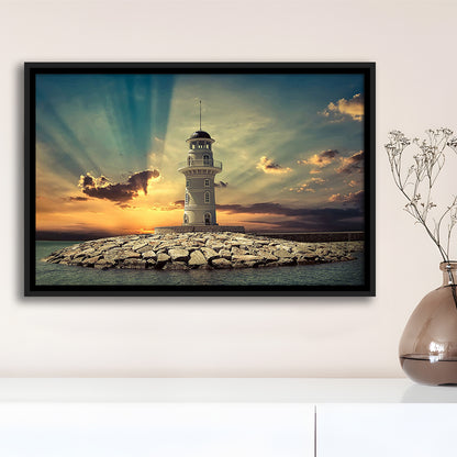 Deluxe Coastal Escape Framed Canvas, Serene Lighthouse Wall Art, Framed Cavas Print, Floating Frame
