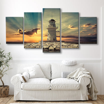 Deluxe Coastal Escape Framed Canvas, Serene Lighthouse for Those Who Seek Tranquility, 5 Piece Large Cavas Print Wall Art