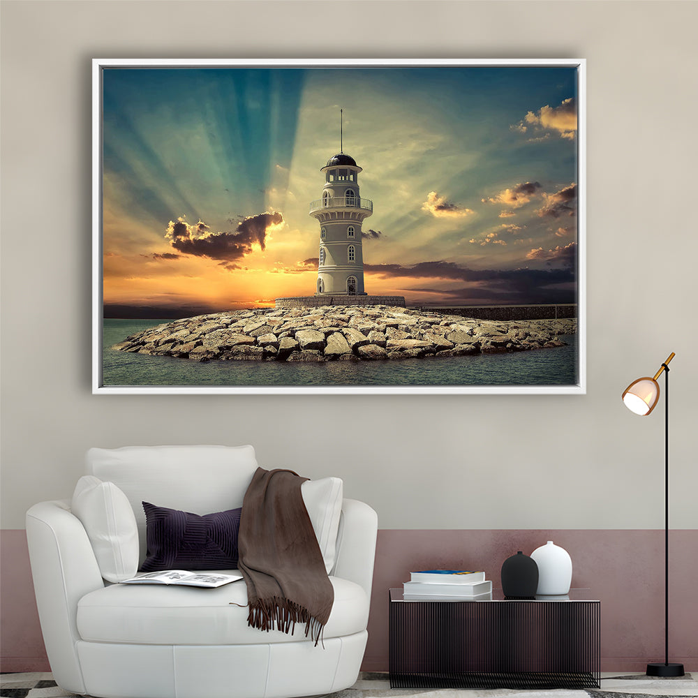 Deluxe Coastal Escape Framed Canvas, Serene Lighthouse Wall Art, Framed Cavas Print, Floating Frame