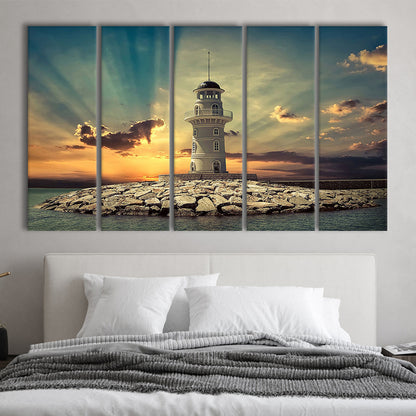 Deluxe Coastal Escape Framed Canvas, Serene Lighthouse Wall Art, 5 Piece B Extra Large Cavas Print Wall Art Decor
