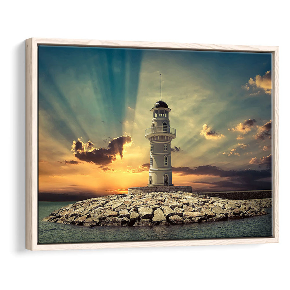 Deluxe Coastal Escape Framed Canvas, Serene Lighthouse Wall Art, Framed Cavas Print, Floating Frame
