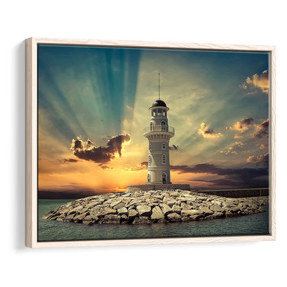 Deluxe Coastal Escape Framed Canvas, Serene Lighthouse Wall Art, Framed Cavas Print, Floating Frame