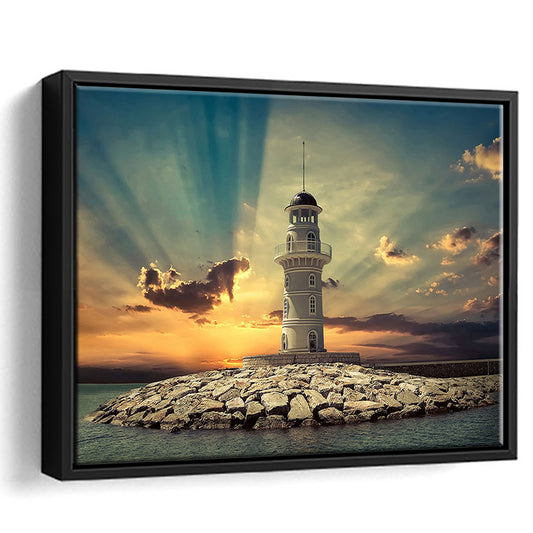 Deluxe Coastal Escape Framed Canvas, Serene Lighthouse Wall Art, Framed Cavas Print, Floating Frame
