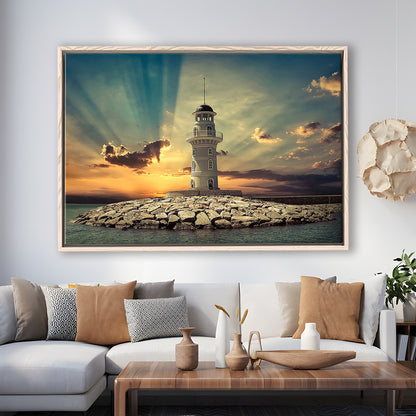 Deluxe Coastal Escape Framed Canvas, Serene Lighthouse Wall Art, Framed Cavas Print, Floating Frame