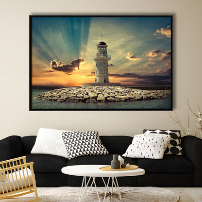 Deluxe Coastal Escape Framed Canvas, Serene Lighthouse Wall Art, Framed Cavas Print, Floating Frame
