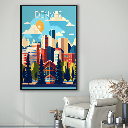Denver Retro Art Print, Denver City Wall Art, Floating Framed Canvas Print, Framed Picture, Painting Canvas