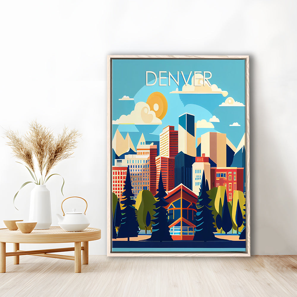 Denver Retro Art Print, Denver City Wall Art, Floating Framed Canvas Print, Framed Picture, Painting Canvas