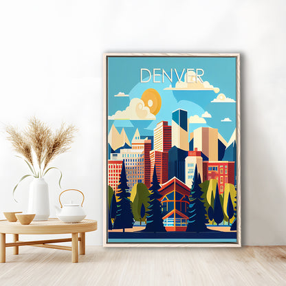 Denver Retro Art Print, Denver City Wall Art, Floating Framed Canvas Print, Framed Picture, Painting Canvas