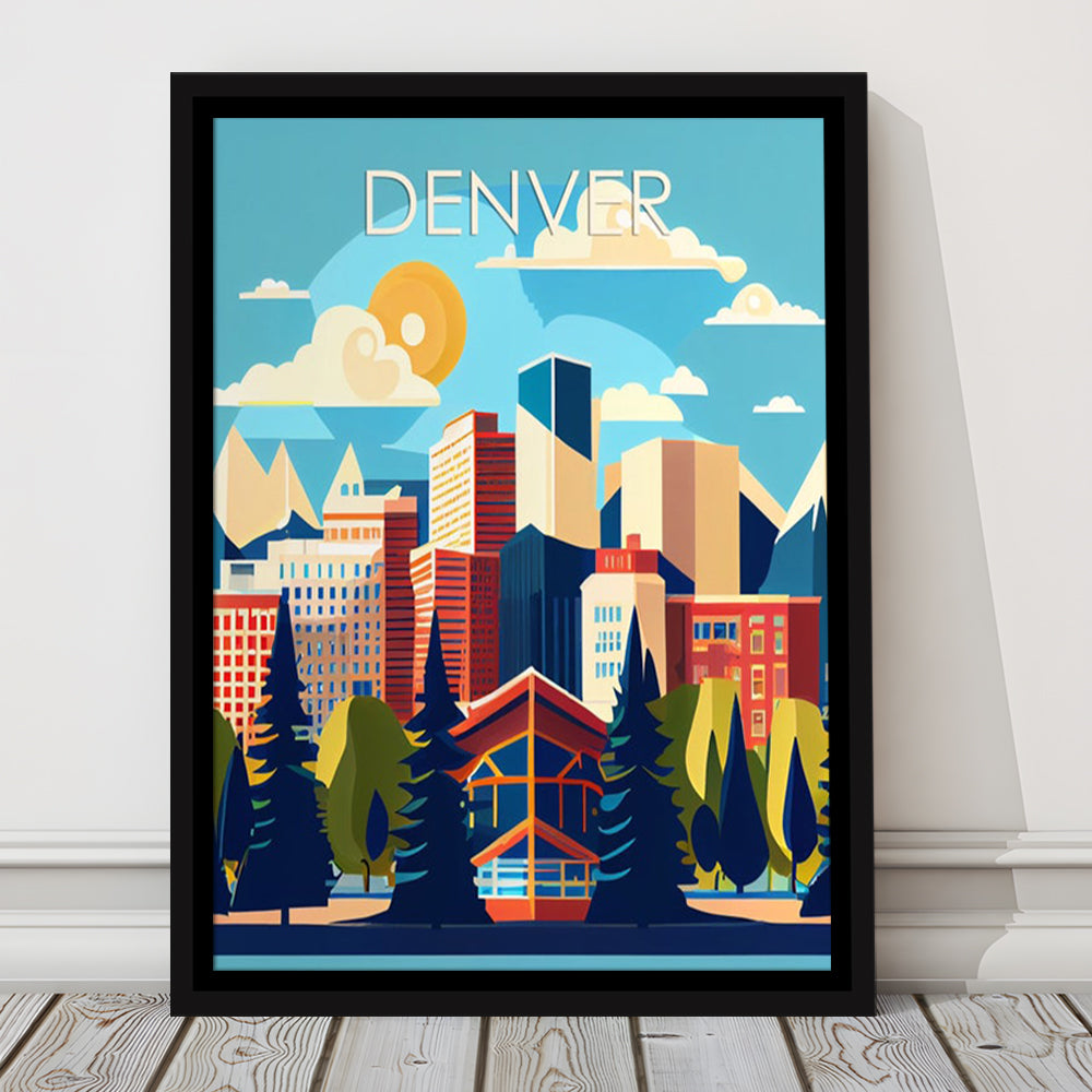 Denver Retro Art Print, Denver City Wall Art, Floating Framed Canvas Print, Framed Picture, Painting Canvas
