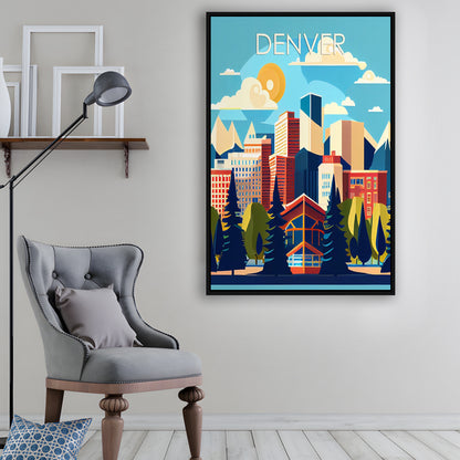 Denver Retro Art Print, Denver City Wall Art, Floating Framed Canvas Print, Framed Picture, Painting Canvas