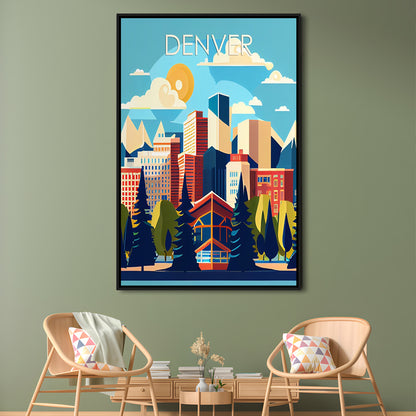 Denver Retro Art Print, Denver City Wall Art, Floating Framed Canvas Print, Framed Picture, Painting Canvas