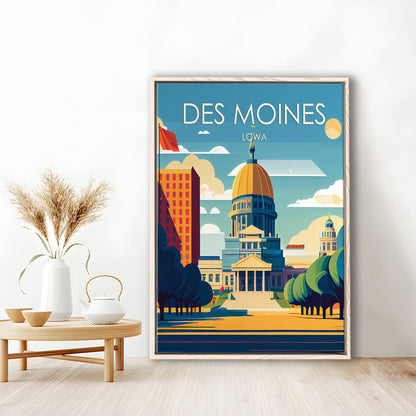 Des Moines Iowa Retro Art Print, Des Moines City Wall Art, Floating Framed Canvas Print, Framed Picture, Painting Canvas