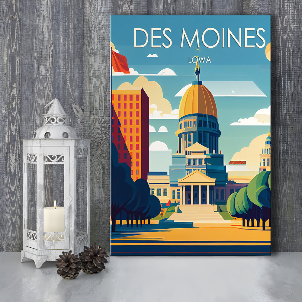 Des Moines Iowa Retro Art Print, Des Moines City Wall Art, Canvas Print, Painting Canvas, Living Room Decor