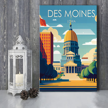 Des Moines Iowa Retro Art Print, Des Moines City Wall Art, Canvas Print, Painting Canvas, Living Room Decor