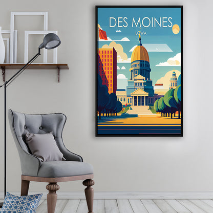 Des Moines Iowa Retro Art Print, Des Moines City Wall Art, Floating Framed Canvas Print, Framed Picture, Painting Canvas