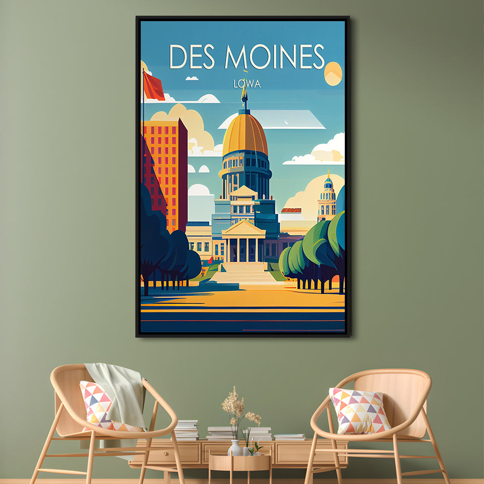 Des Moines Iowa Retro Art Print, Des Moines City Wall Art, Floating Framed Canvas Print, Framed Picture, Painting Canvas
