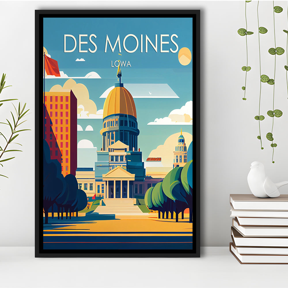 Des Moines Iowa Retro Art Print, Des Moines City Wall Art, Floating Framed Canvas Print, Framed Picture, Painting Canvas