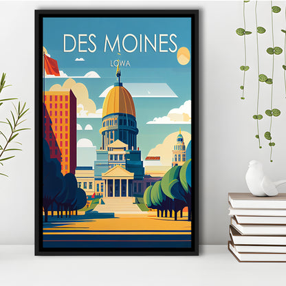 Des Moines Iowa Retro Art Print, Des Moines City Wall Art, Floating Framed Canvas Print, Framed Picture, Painting Canvas