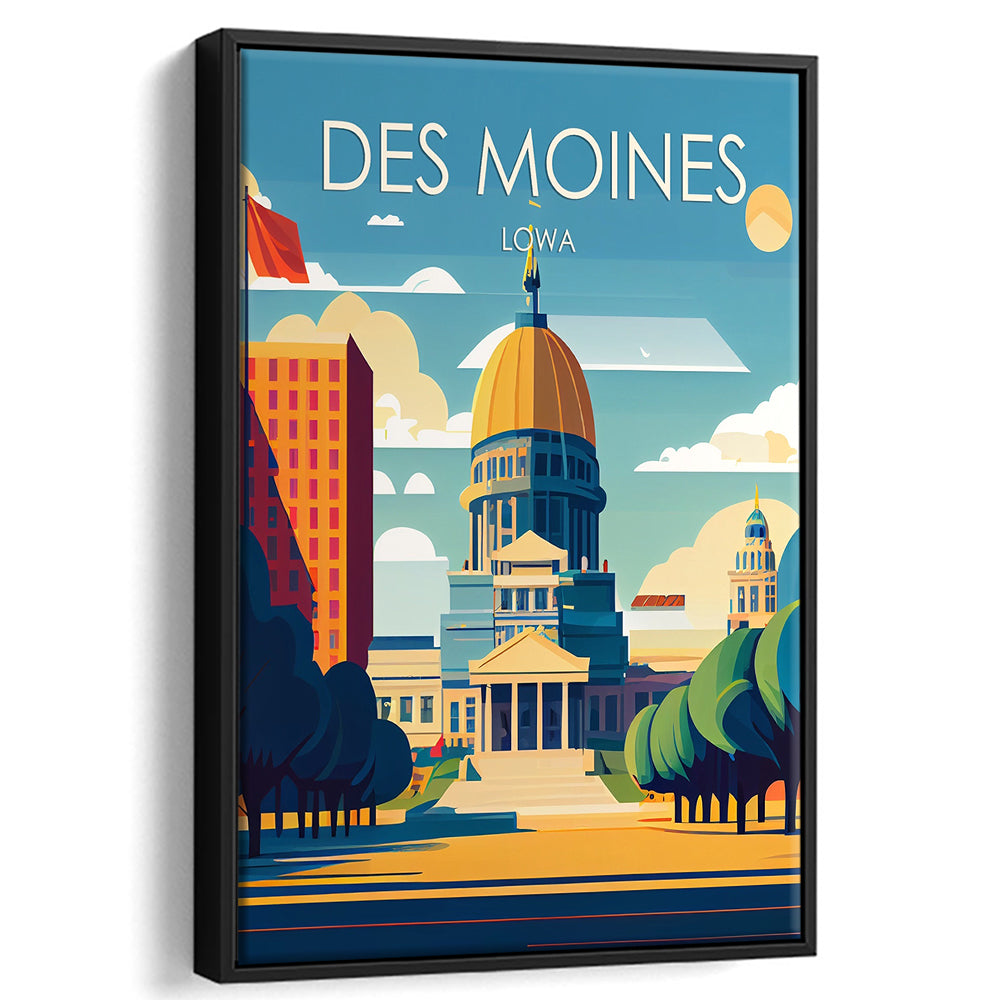 Des Moines Iowa Retro Art Print, Des Moines City Wall Art, Floating Framed Canvas Print, Framed Picture, Painting Canvas