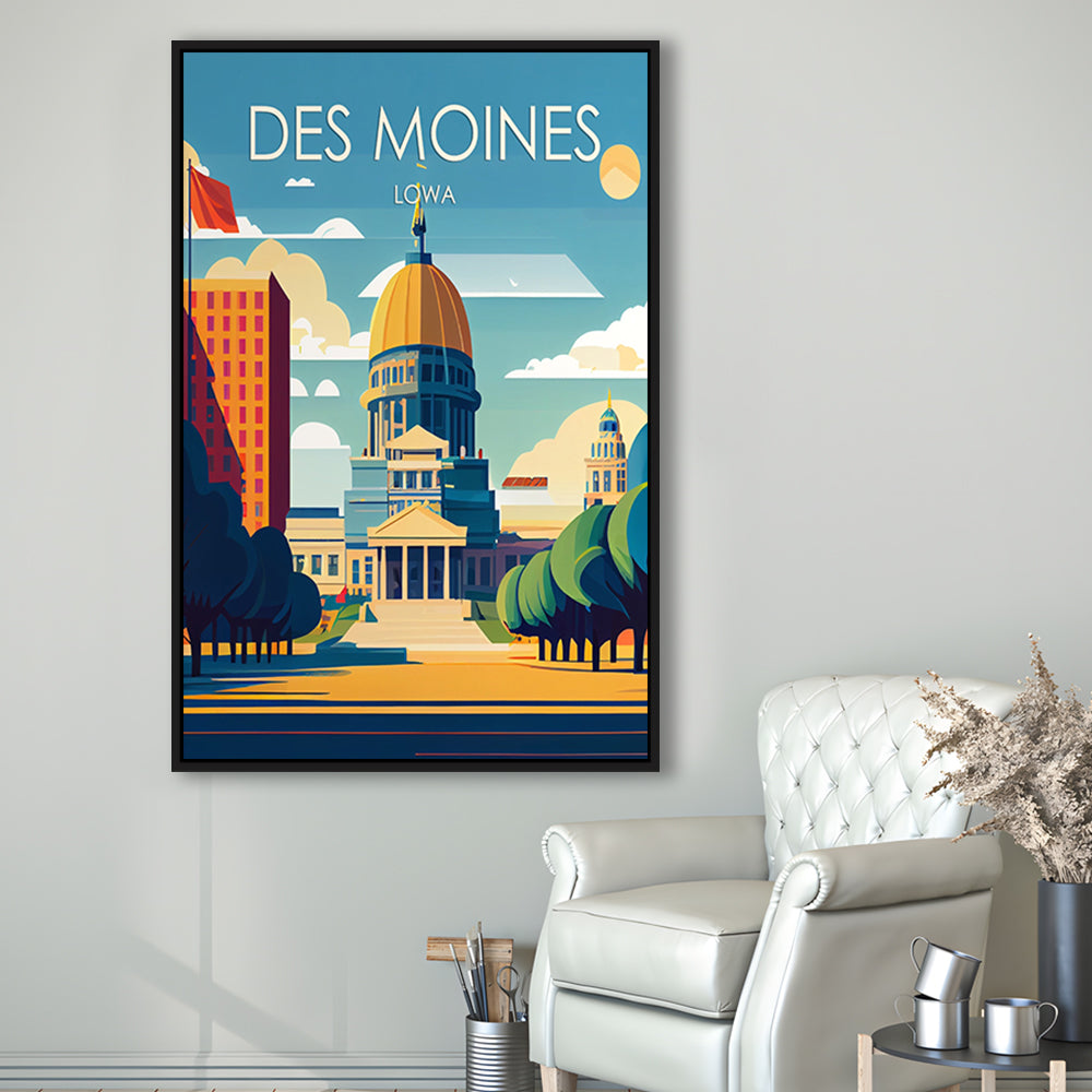 Des Moines Iowa Retro Art Print, Des Moines City Wall Art, Floating Framed Canvas Print, Framed Picture, Painting Canvas