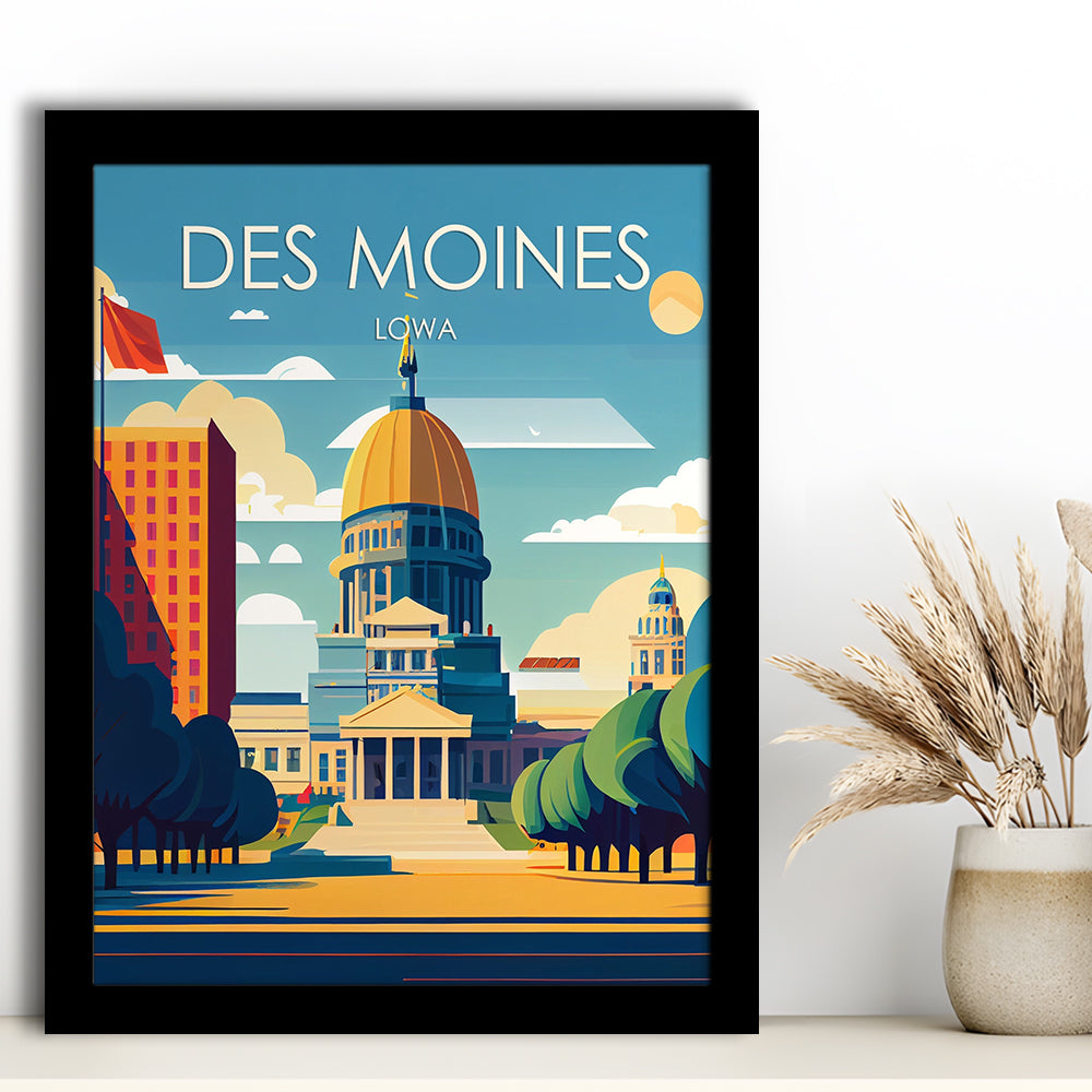 Des Moines Iowa Retro Art Print, Des Moines City Wall Art, Framed Art Print, Picture Framed, Painting Art