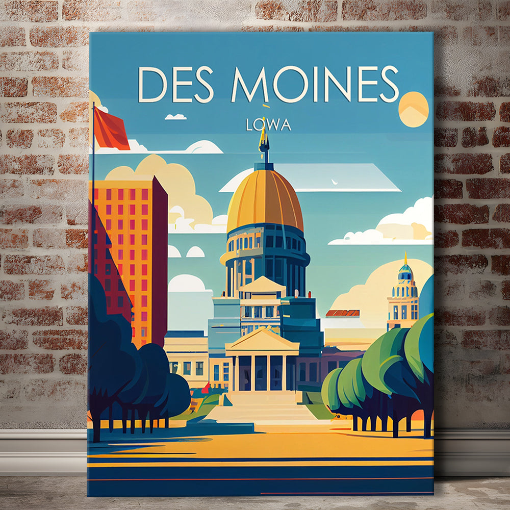 Des Moines Iowa Retro Art Print, Des Moines City Wall Art, Canvas Print, Painting Canvas, Living Room Decor