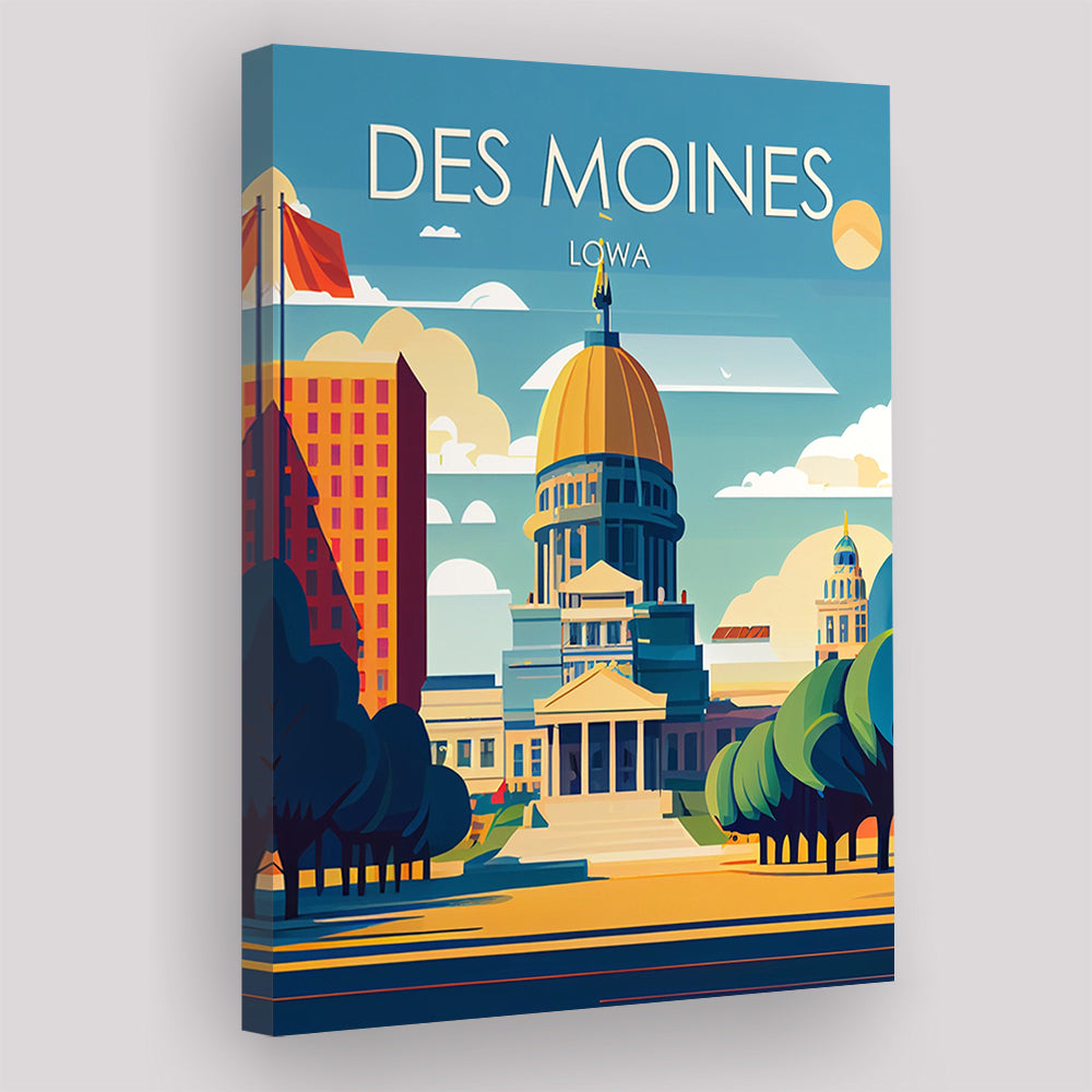 Des Moines Iowa Retro Art Print, Des Moines City Wall Art, Canvas Print, Painting Canvas, Living Room Decor