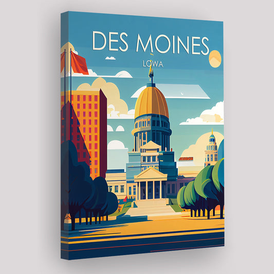 Des Moines Iowa Retro Art Print, Des Moines City Wall Art, Canvas Print, Painting Canvas, Living Room Decor