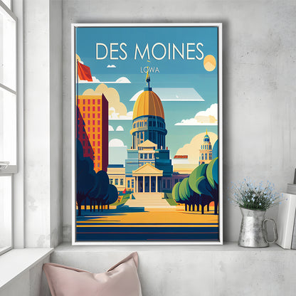 Des Moines Iowa Retro Art Print, Des Moines City Wall Art, Floating Framed Canvas Print, Framed Picture, Painting Canvas