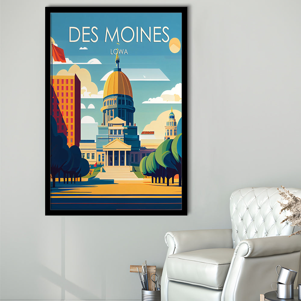 Des Moines Iowa Retro Art Print, Des Moines City Wall Art, Framed Art Print, Picture Framed, Painting Art