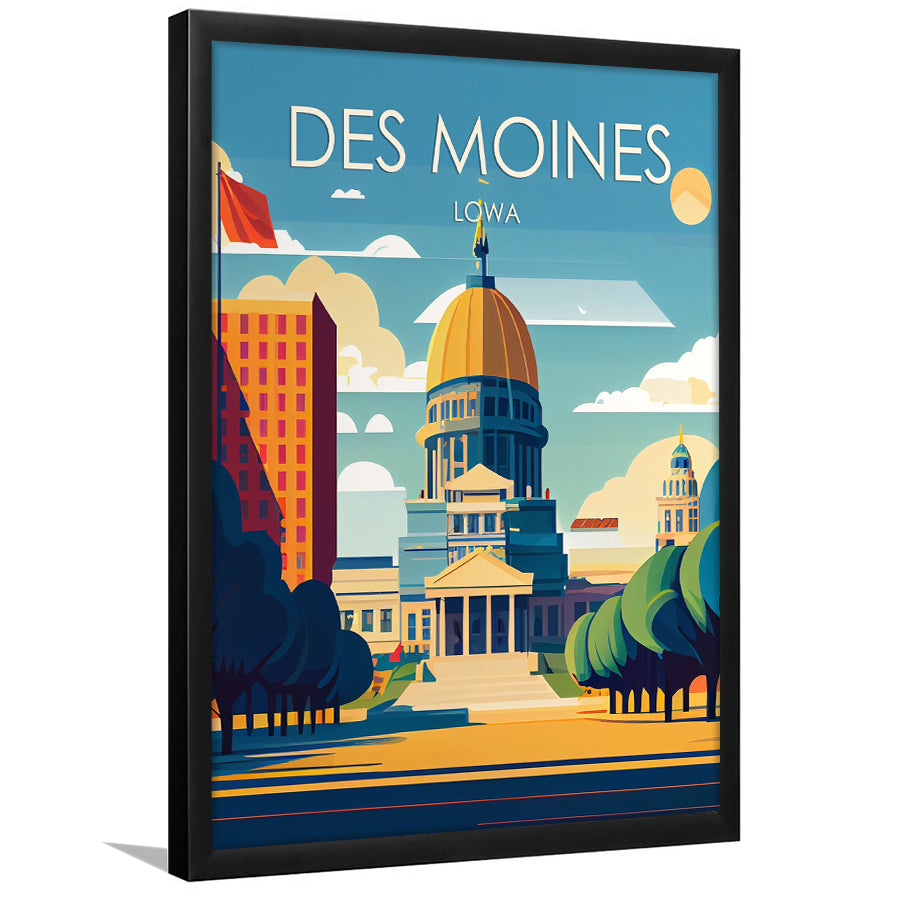 Des Moines Iowa Retro Art Print, Des Moines City Wall Art, Framed Art Print, Picture Framed, Painting Art