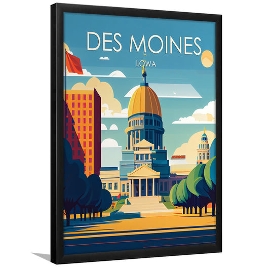 Des Moines Iowa Retro Art Print, Des Moines City Wall Art, Framed Art Print, Picture Framed, Painting Art