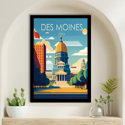Des Moines Iowa Retro Art Print, Des Moines City Wall Art, Framed Art Print, Picture Framed, Painting Art