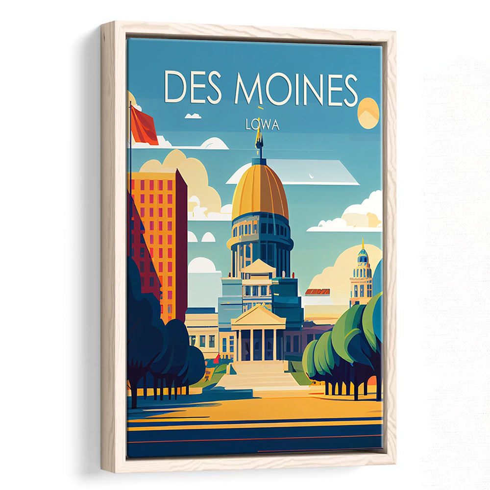 Des Moines Iowa Retro Art Print, Des Moines City Wall Art, Floating Framed Canvas Print, Framed Picture, Painting Canvas