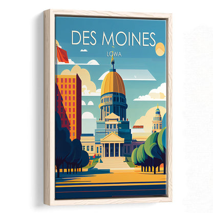 Des Moines Iowa Retro Art Print, Des Moines City Wall Art, Floating Framed Canvas Print, Framed Picture, Painting Canvas