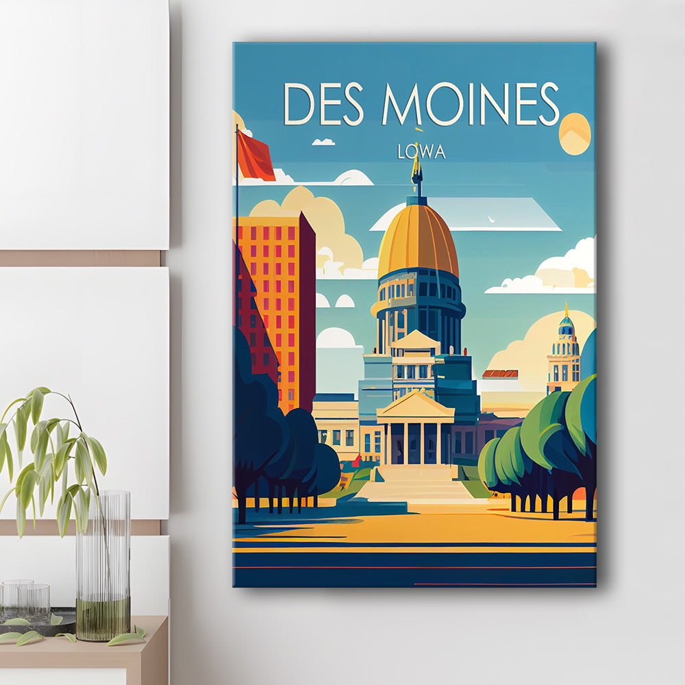 Des Moines Iowa Retro Art Print, Des Moines City Wall Art, Canvas Print, Painting Canvas, Living Room Decor