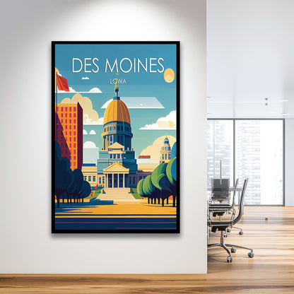 Des Moines Iowa Retro Art Print, Des Moines City Wall Art, Framed Art Print, Picture Framed, Painting Art